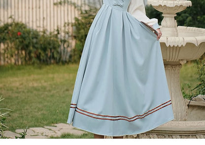 Long Sleeve Collared Bow Striped Ruffle Pleated Mock Two Piece Maxi A-Line Dress / Bow Tie / Belt / Set