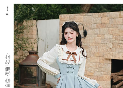 Long Sleeve Collared Bow Striped Ruffle Pleated Mock Two Piece Maxi A-Line Dress / Bow Tie / Belt / Set