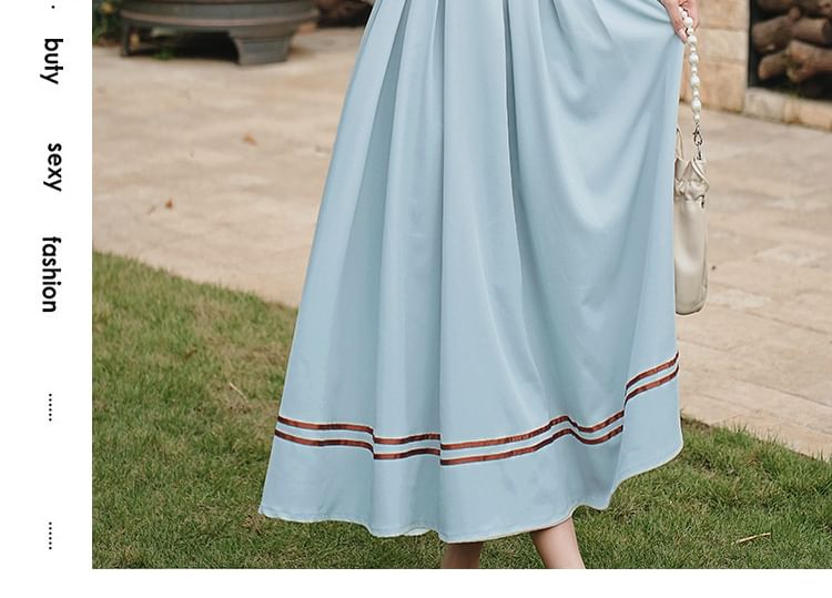 Long Sleeve Collared Bow Striped Ruffle Pleated Mock Two Piece Maxi A-Line Dress / Bow Tie / Belt / Set