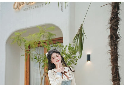 Long Sleeve Collared Bow Striped Ruffle Pleated Mock Two Piece Maxi A-Line Dress / Bow Tie / Belt / Set