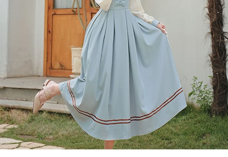 Long Sleeve Collared Bow Striped Ruffle Pleated Mock Two Piece Maxi A-Line Dress / Bow Tie / Belt / Set