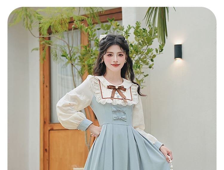 Long Sleeve Collared Bow Striped Ruffle Pleated Mock Two Piece Maxi A-Line Dress / Bow Tie / Belt / Set