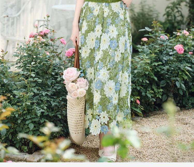 Plain Button Pointelle Knit Cami Top / Tie Front Cardigan / High Rise Floral Lace Maxi A-Line Skirt / Set