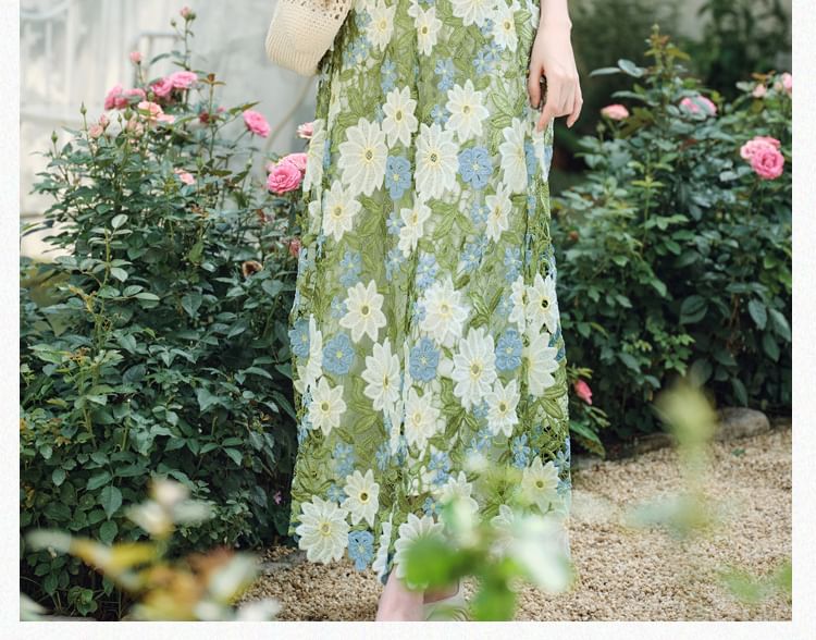 Plain Button Pointelle Knit Cami Top / Tie Front Cardigan / High Rise Floral Lace Maxi A-Line Skirt / Set