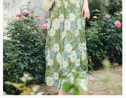 Plain Button Pointelle Knit Cami Top / Tie Front Cardigan / High Rise Floral Lace Maxi A-Line Skirt / Set