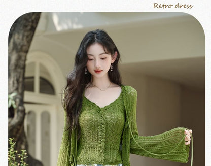 Plain Button Pointelle Knit Cami Top / Tie Front Cardigan / High Rise Floral Lace Maxi A-Line Skirt / Set