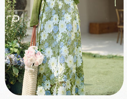 Plain Button Pointelle Knit Cami Top / Tie Front Cardigan / High Rise Floral Lace Maxi A-Line Skirt / Set