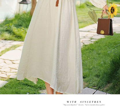 Long Sleeve V-Neck Sequin Panel Midi A-Line Dress