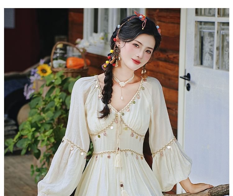 Long Sleeve V-Neck Sequin Panel Midi A-Line Dress