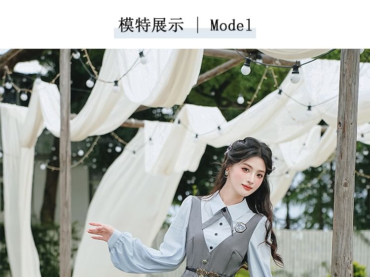 Long Sleeve Collared Mock Two Piece Button Maxi A-Line Dress / Bow Tie / Brooch / Belt / Set