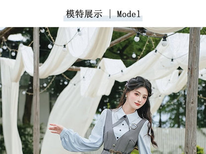 Long Sleeve Collared Mock Two Piece Button Maxi A-Line Dress / Bow Tie / Brooch / Belt / Set