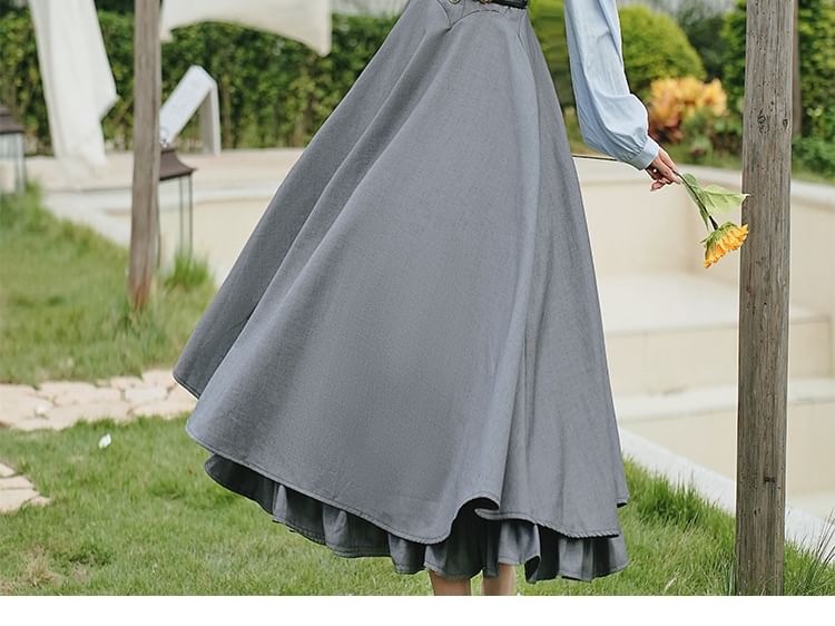 Long Sleeve Collared Mock Two Piece Button Maxi A-Line Dress / Bow Tie / Brooch / Belt / Set