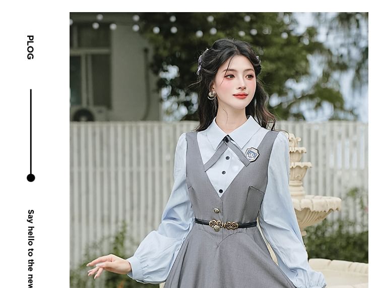 Long Sleeve Collared Mock Two Piece Button Maxi A-Line Dress / Bow Tie / Brooch / Belt / Set