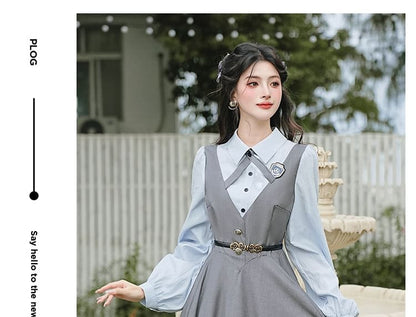 Long Sleeve Collared Mock Two Piece Button Maxi A-Line Dress / Bow Tie / Brooch / Belt / Set