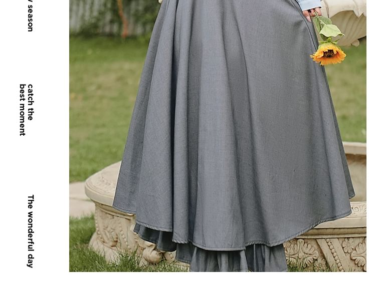 Long Sleeve Collared Mock Two Piece Button Maxi A-Line Dress / Bow Tie / Brooch / Belt / Set