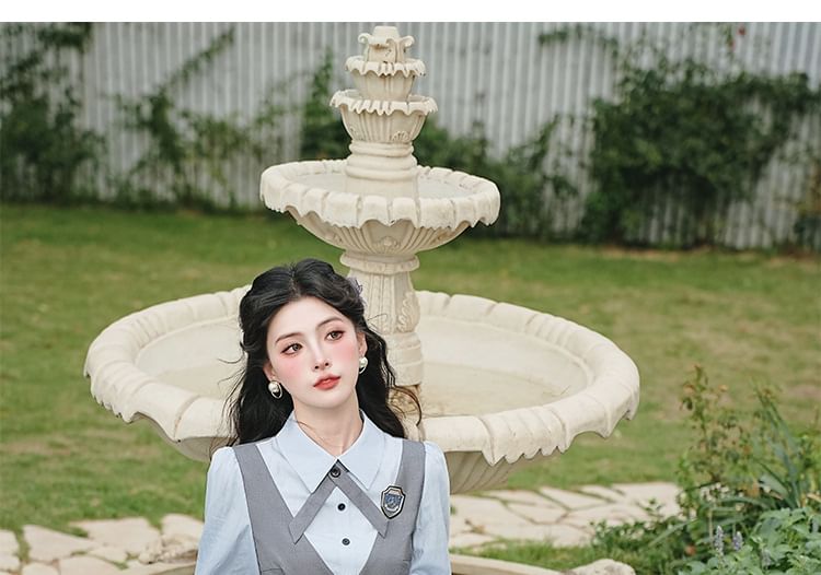 Long Sleeve Collared Mock Two Piece Button Maxi A-Line Dress / Bow Tie / Brooch / Belt / Set