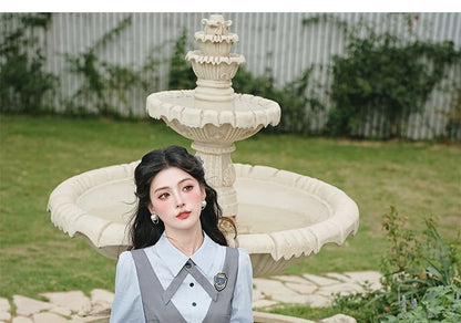 Long Sleeve Collared Mock Two Piece Button Maxi A-Line Dress / Bow Tie / Brooch / Belt / Set