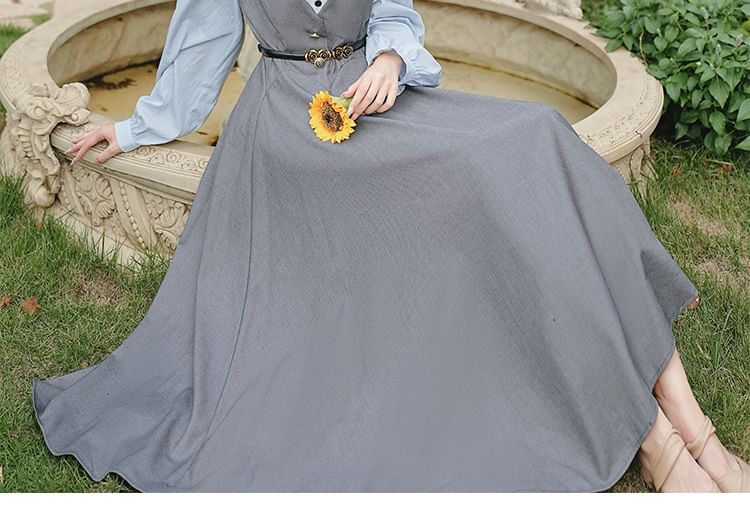 Long Sleeve Collared Mock Two Piece Button Maxi A-Line Dress / Bow Tie / Brooch / Belt / Set