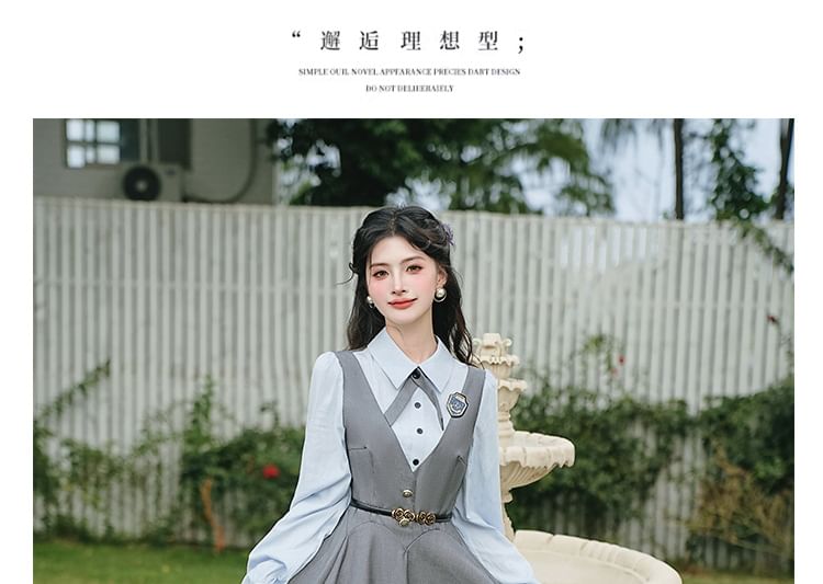 Long Sleeve Collared Mock Two Piece Button Maxi A-Line Dress / Bow Tie / Brooch / Belt / Set