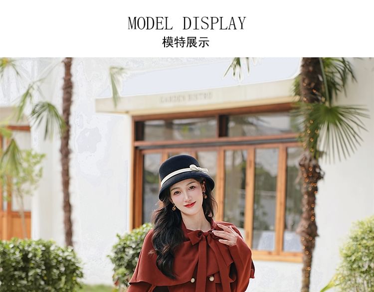 Set: Long Sleeve Collared Ruffle Panel Double Breasted Midi A-Line Dress + Plain Bow Capelet