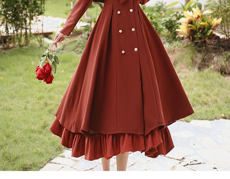 Set: Long Sleeve Collared Ruffle Panel Double Breasted Midi A-Line Dress + Plain Bow Capelet