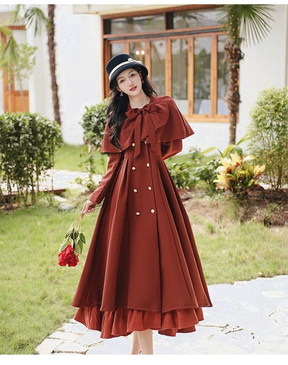 Set: Long Sleeve Collared Ruffle Panel Double Breasted Midi A-Line Dress + Plain Bow Capelet