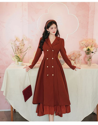 Set: Long Sleeve Collared Ruffle Panel Double Breasted Midi A-Line Dress + Plain Bow Capelet