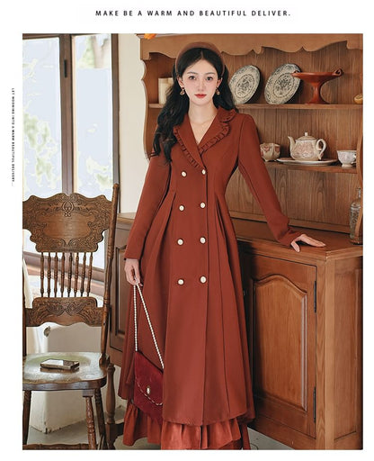 Set: Long Sleeve Collared Ruffle Panel Double Breasted Midi A-Line Dress + Plain Bow Capelet