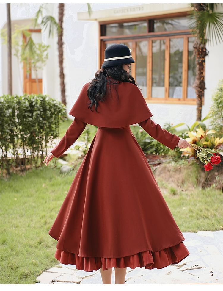 Set: Long Sleeve Collared Ruffle Panel Double Breasted Midi A-Line Dress + Plain Bow Capelet