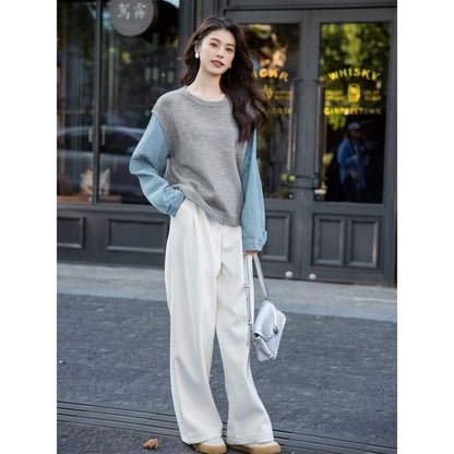 Denim-Paneled Crewneck Pullover Sweater with Faux Two-Piece Look