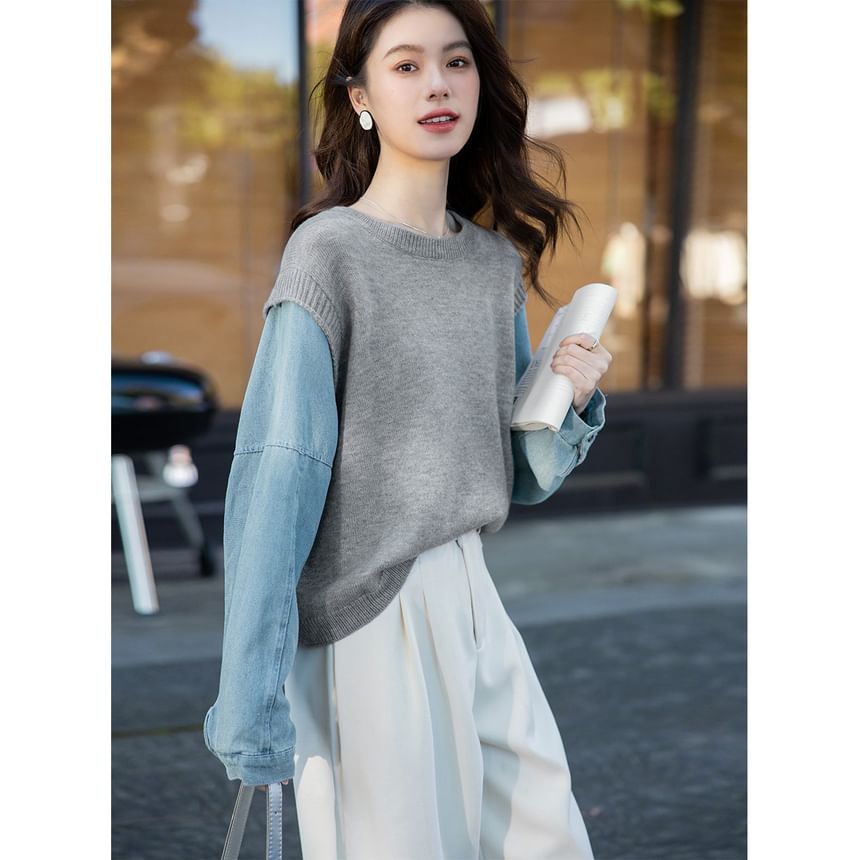 Denim-Paneled Crewneck Pullover Sweater with Faux Two-Piece Look