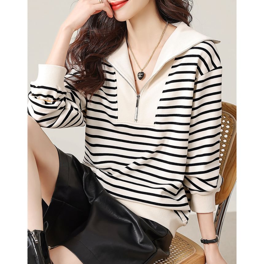 Striped Half-Zip Sweatshirt with Collared Neckline