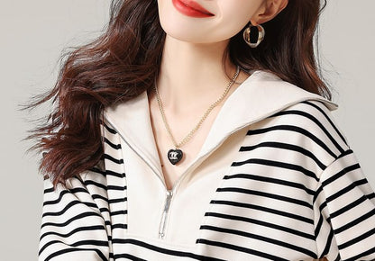 Striped Half-Zip Sweatshirt with Collared Neckline