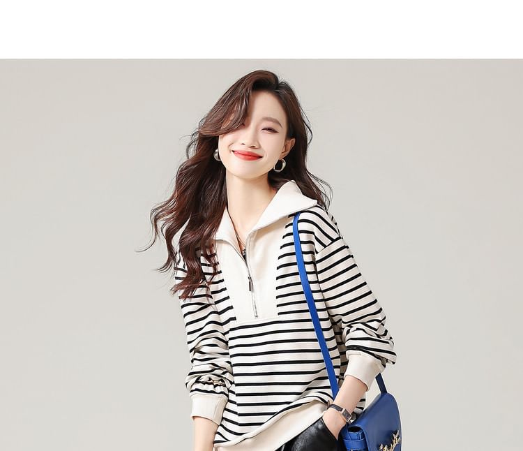 Striped Half-Zip Sweatshirt with Collared Neckline