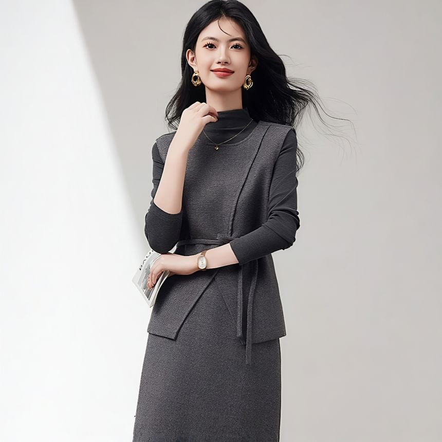 Three-Piece Set: Mock-Neck Melange Tee, Sashed Vest and High-Waist Midi Pencil Skirt