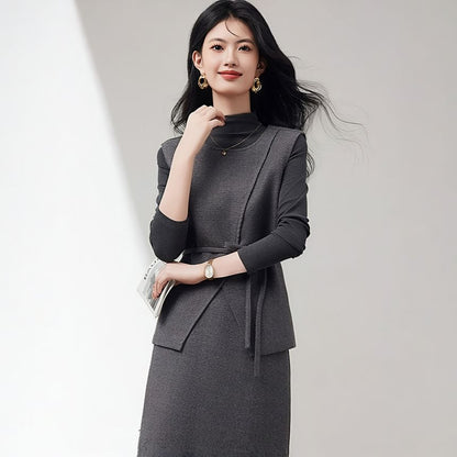 Three-Piece Set: Mock-Neck Melange Tee, Sashed Vest and High-Waist Midi Pencil Skirt