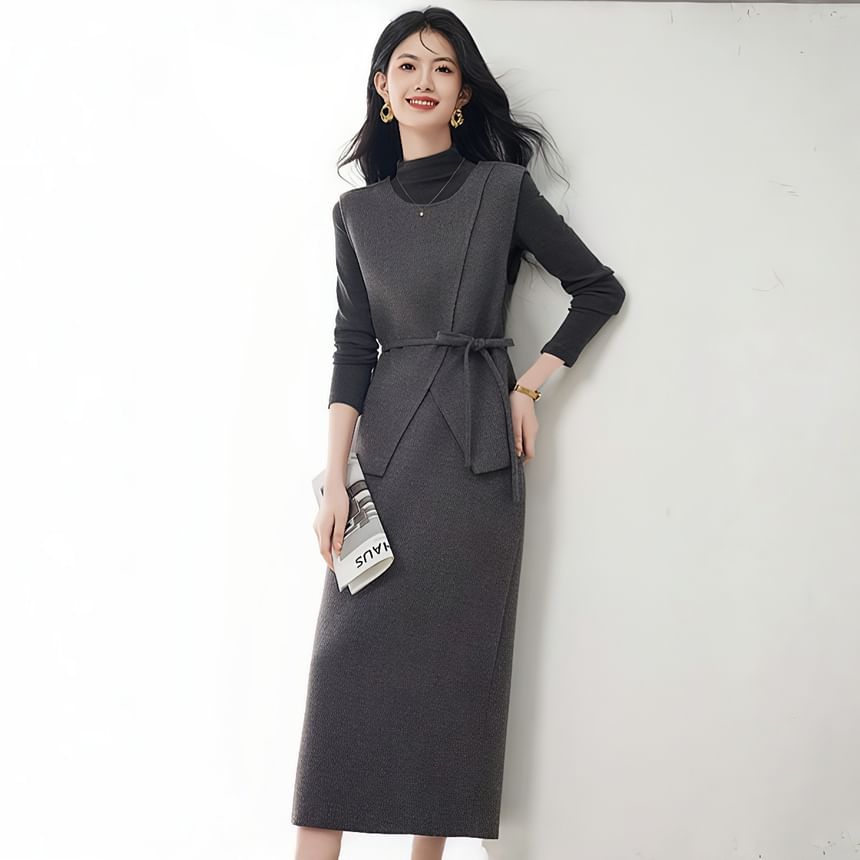 Three-Piece Set: Mock-Neck Melange Tee, Sashed Vest and High-Waist Midi Pencil Skirt