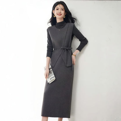 Three-Piece Set: Mock-Neck Melange Tee, Sashed Vest and High-Waist Midi Pencil Skirt