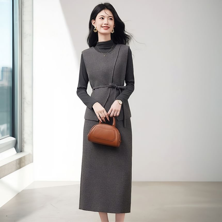 Three-Piece Set: Mock-Neck Melange Tee, Sashed Vest and High-Waist Midi Pencil Skirt