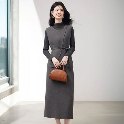 Three-Piece Set: Mock-Neck Melange Tee, Sashed Vest and High-Waist Midi Pencil Skirt