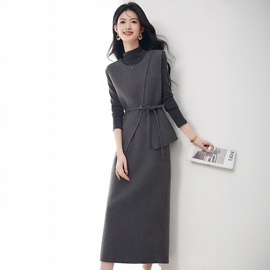 Three-Piece Set: Mock-Neck Melange Tee, Sashed Vest and High-Waist Midi Pencil Skirt