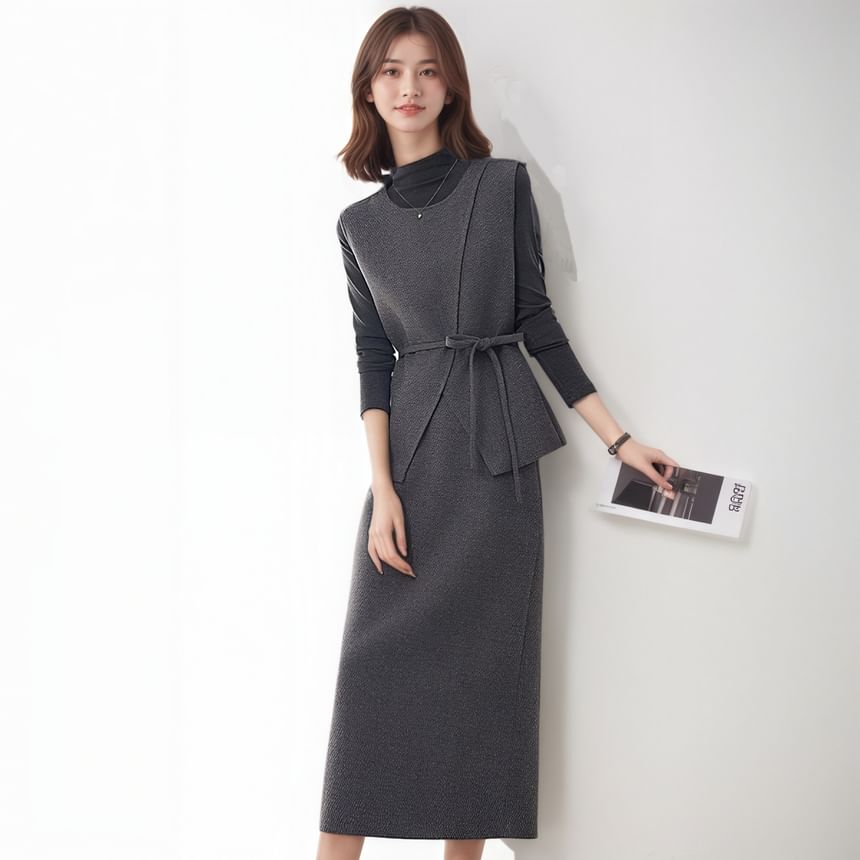 Three-Piece Set: Mock-Neck Melange Tee, Sashed Vest and High-Waist Midi Pencil Skirt