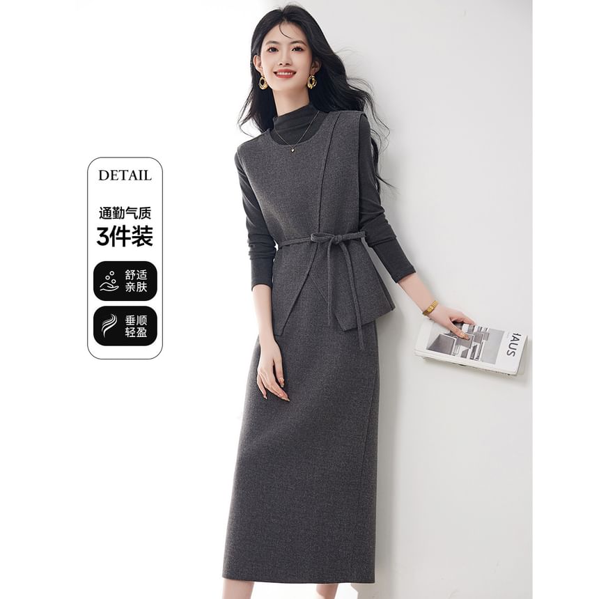 Three-Piece Set: Mock-Neck Melange Tee, Sashed Vest and High-Waist Midi Pencil Skirt
