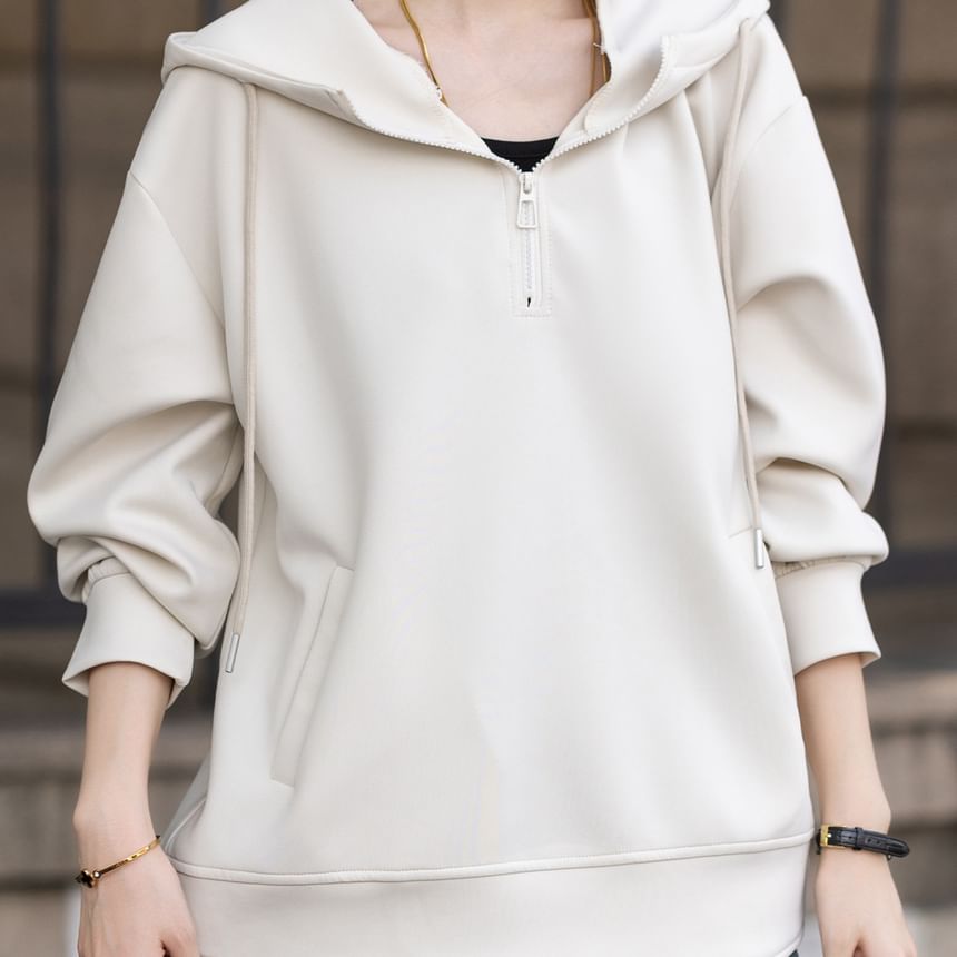 Drawstring Half-Zip Hooded Sweatshirt in Solid Color