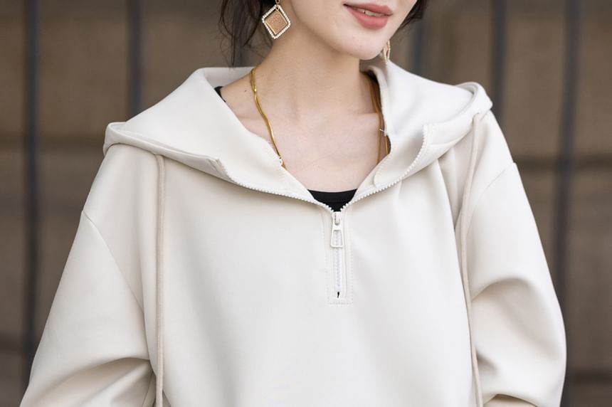 Drawstring Half-Zip Hooded Sweatshirt in Solid Color