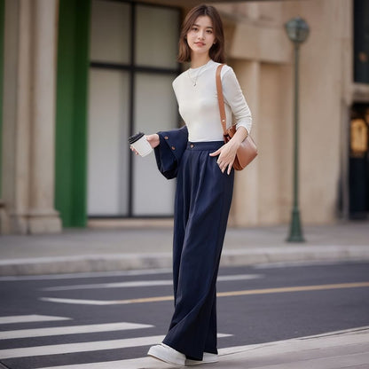 Set: Round-Neck Slim Tee, Buttoned Belted Vest and High-Rise Wide-Leg Trousers