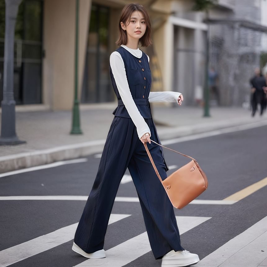 Set: Round-Neck Slim Tee, Buttoned Belted Vest and High-Rise Wide-Leg Trousers