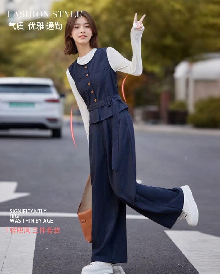 Set: Round-Neck Slim Tee, Buttoned Belted Vest and High-Rise Wide-Leg Trousers