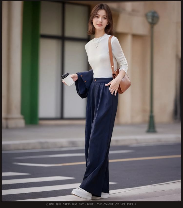 Set: Round-Neck Slim Tee, Buttoned Belted Vest and High-Rise Wide-Leg Trousers
