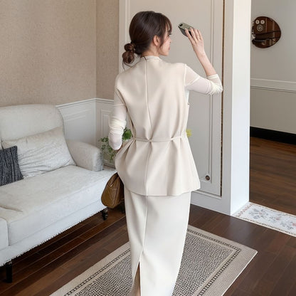 Vest & Slim Tee & High Waist Midi H-Line Skirt Three-Piece Set